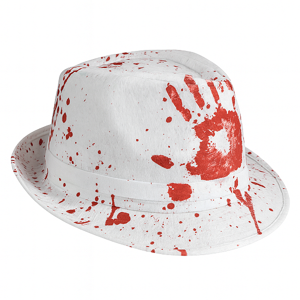 Chapéu Fedora Branco com Manchas de Sangue – Acessório Halloween