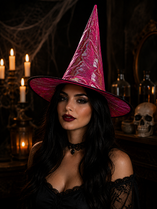 Chapéu de Bruxa Iridescente Pink – Fantasia Halloween e Festas Temáticas