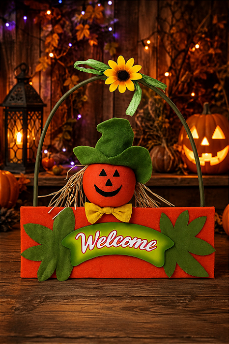 Placa Decorativa Welcome com Abóbora e Chapéu Verde