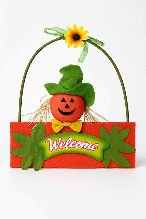 Placa Decorativa Welcome com Abóbora e Chapéu Verde