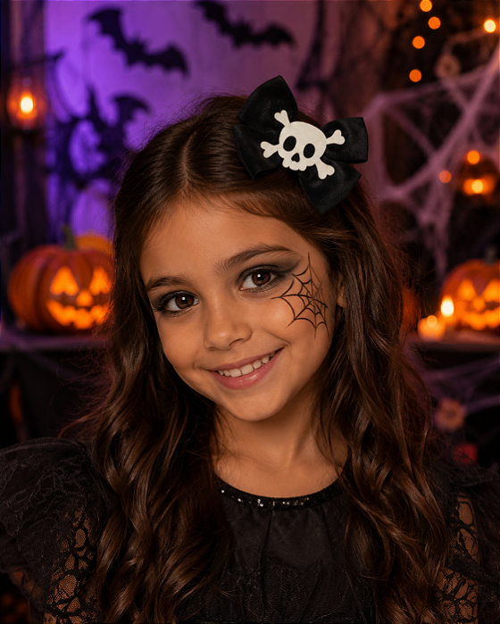 Presilha de Cabelo Halloween Laço Preto Caveira – 2 Unidades