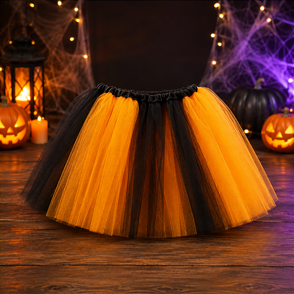 Saia de Tule Infantil Halloween Roxa e Preta 40cm – Fantasia Temática para Crianças
