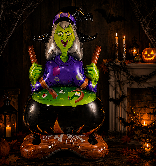 Balão Metalizado Bruxa com Caldeirão 60x115cm – Decoração Halloween Dia das Bruxas