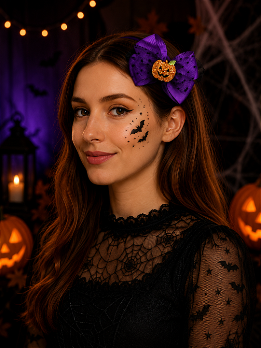 Laço Presilha Abóbora Bruxa – Enfeite de Cabelo para Halloween