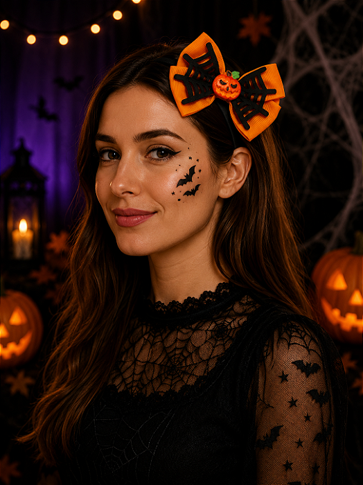 Laço Presilha Halloween Abóbora com Teia – 2 Unidades