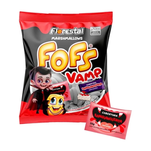 Marshmallow Fofs Twist Vampiro 200g com Calda de Morango – Florestal Edição Especial Halloween