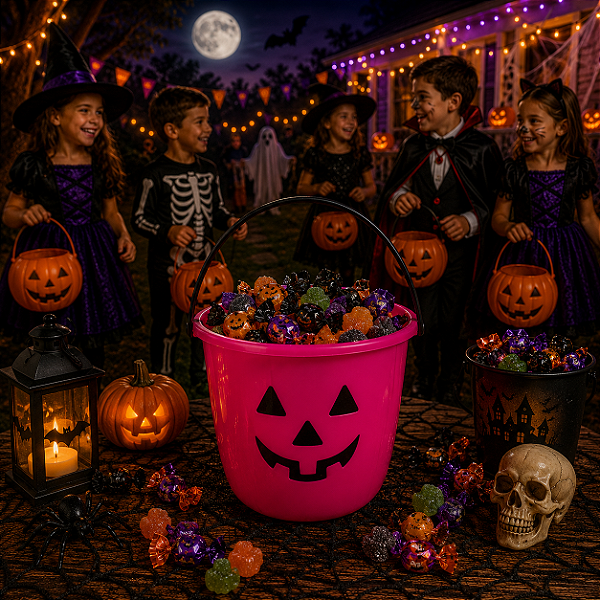 Balde Abóbora Rosa – Decoração e Armazenamento para Halloween - 20x16cm
