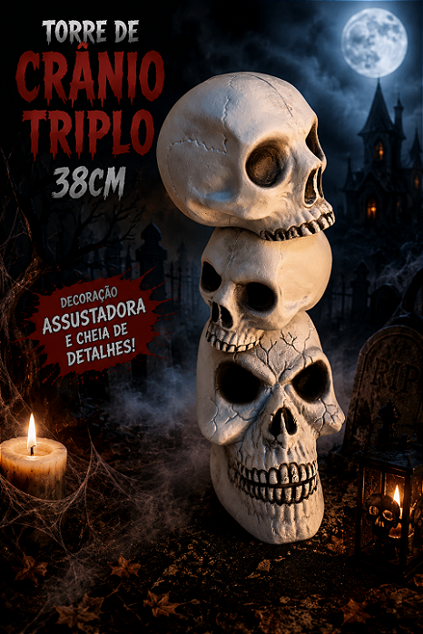 Torre de Crânio Triplo 38cm – Enfeite de Halloween para Decoração