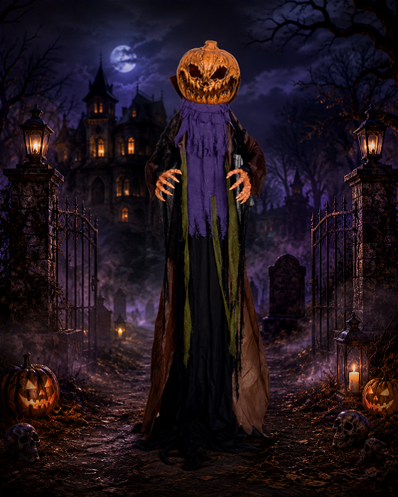 Boneco Abóbora Hector com Som, Luz e Movimento – 1,73m – Decoração de Halloween