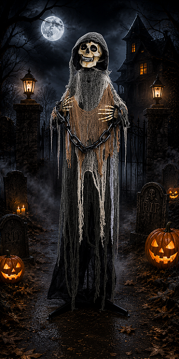 Caveira Bosco com Som, Luz e Movimento – 1,74m – Decoração de Halloween Realista