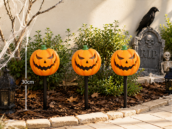 Espetos Decorativos para Jardim 30cm – Abóboras Iluminadas 30 cm (Kit com 3 unidades)