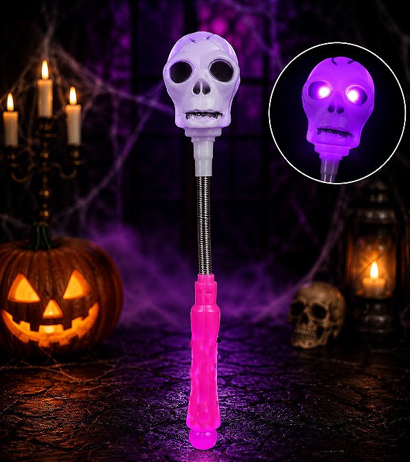 Bastão Caveira Luminoso Piscando LED Halloween 33 cm - 1 Unidade