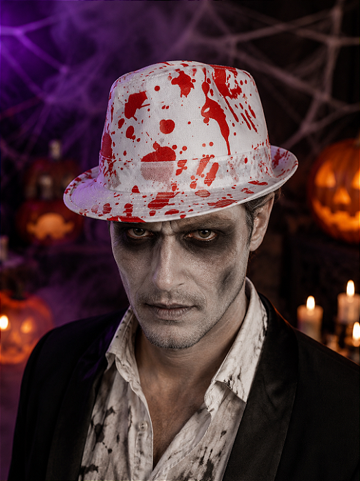 Chapéu Halloween Branco com Estampa de Sangue