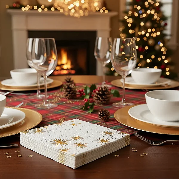 Guardanapos de Papel Estrelas Ouro Brilhante Natal e Ano Novo - 20 Unidades