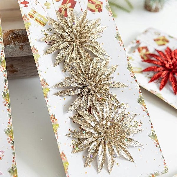 Flor de Natal Artificial Poinsétia Dourado com Brilho Realista – Flores Decorativas de Plástico