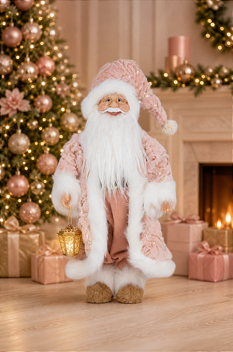 Papai Noel Rosa e Branco 45cm – Enfeite Natalino Elegante e Delicado