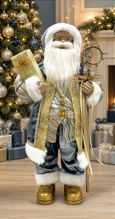 Boneco Papai Noel em Pé Azul com Cajado 60cm – Decoração Natalina Sofisticada