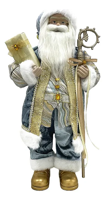 Boneco Papai Noel em Pé Azul com Cajado 60cm – Decoração Natalina Sofisticada