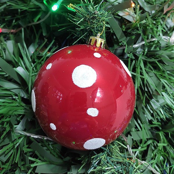 Bola de Natal Vermelha Poá Branco 10cm – Enfeite Clássico e Divertido para Árvore de Natal