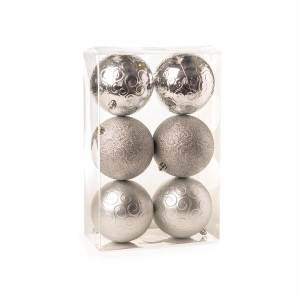 Kit 6 Bolas de Natal Arabesco Prata 8cm – Brilho, Fosca e Glitter