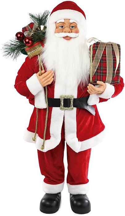 Papai Noel em Pé com Arranjo de Presentes Vermelho 90cm – Decoração Natalina Luxo