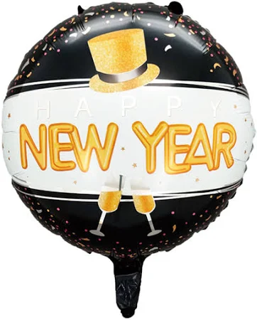Balão Metalizado Redondo Feliz Ano Novo "Happy New Year" – 18" (45 cm) - Flutua com Gás Hélio