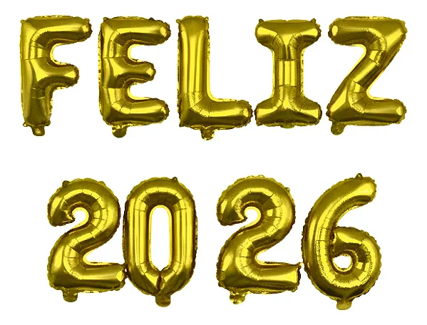 Kit Balões Metalizados Frase "Feliz 2026" – Letras e Números – 40 cm – Dourado