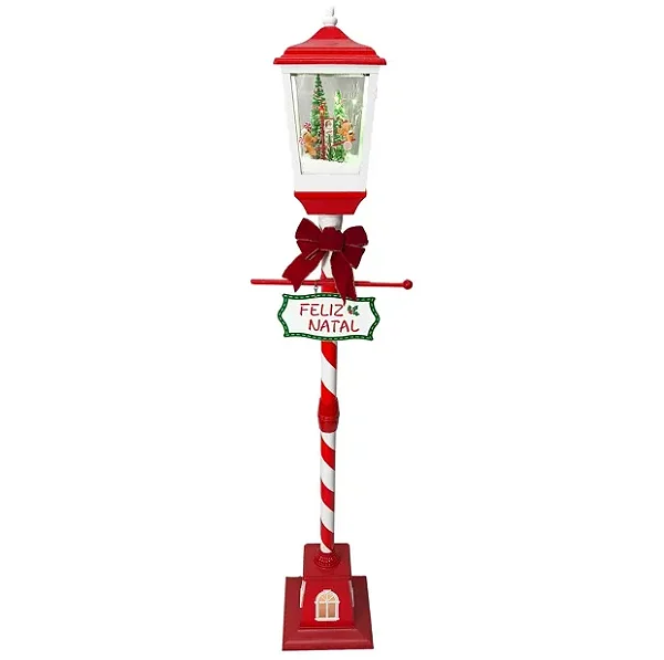 Poste Natalino Vermelho e Branco com Gangorra Gingerbread – 157 cm – Musical e com Efeito de Neve
