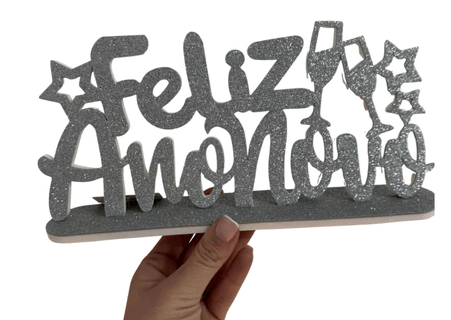 Enfeite Glitter Réveillon Feliz Ano Novo - Prata