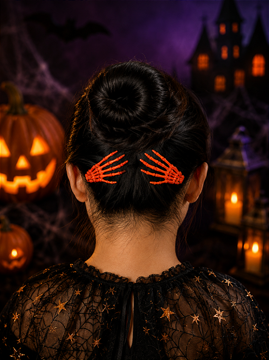 Presilha P/ Cabelo Mão Esqueleto Laranja Halloween – 2 Unidades (Par)