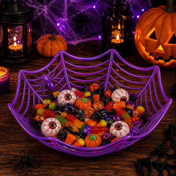 Cesta Bandeja Roxa Teia De Aranha Festa Halloween