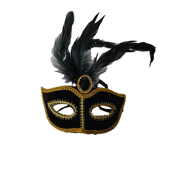 Máscara Encanto Preta com Dourado e Penas – 23 cm