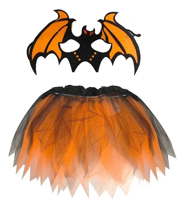 Conjunto Halloween Infantil – Saia e Máscara de Morcego nas Cores Laranja e Preto