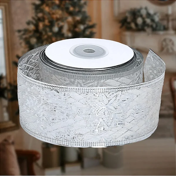 Fita de Natal com Fio Brilhante Floco de Neve Prateado – 6cm x 9m