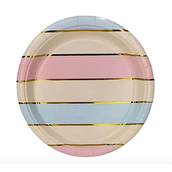 Pratos de Papel Arco-Íris Listras Metalizadas – 18cm (8 Unidades)