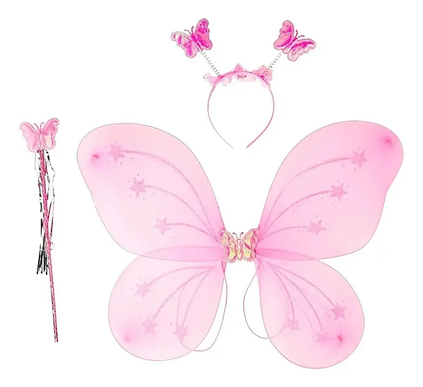 Kit Asa de Borboleta Infantil com Varinha e Tiara Pink - 1 Unidade