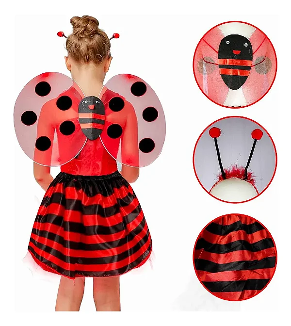 Kit Joaninha Infantil – Asa, Saia, Tiara e Varinha (4 Peças)