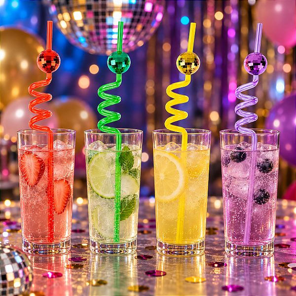 Canudo Divertido Espiral com Globo Colorido – 4 Unidades | Ideal para Festas