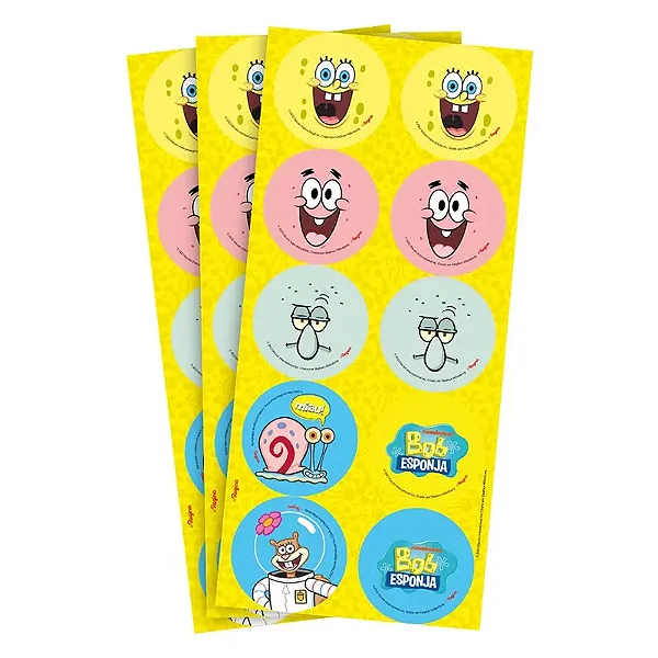 Adesivo Decorativo Redondo Bob Esponja - 3 Cartelas Com 10 Adesivos Cada (30 Unidades)