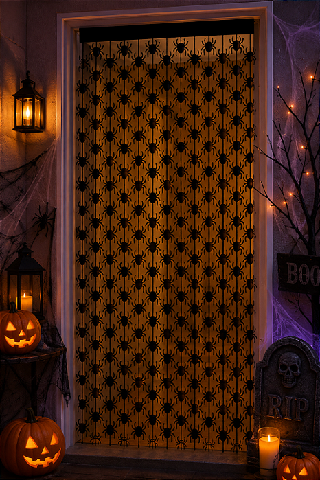 Cortina Metalizada Aranha Preta para Decoração Halloween – 1x2 Metros