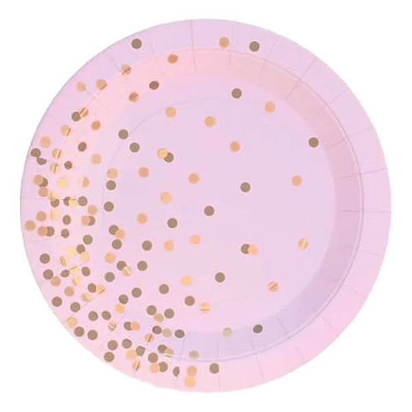 Prato de Papel Rosa Poá Dourado 18cm – 10 Unidades