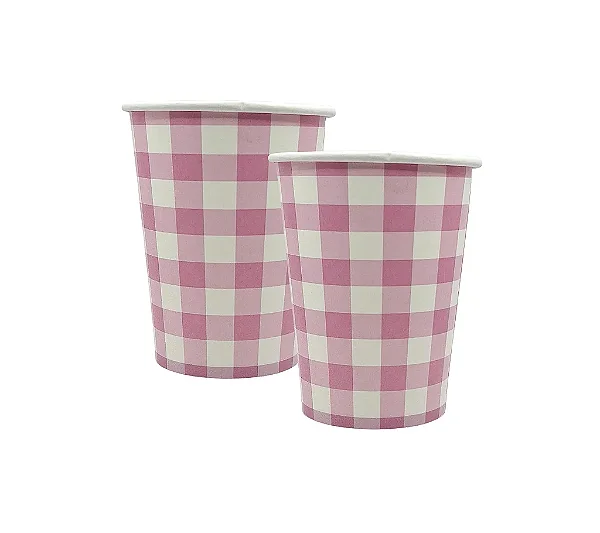 Copo de Papel Xadrez Rosa - 8 Unidades