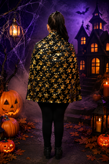 Capa Infantil com Estampas de Caveira Pirata Halloween Dourada 60cm
