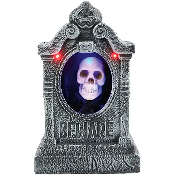 Decoração Halloween Túmulo Lápide Animatrônica “Beware” com Caveira – Luz, Som e Movimento
