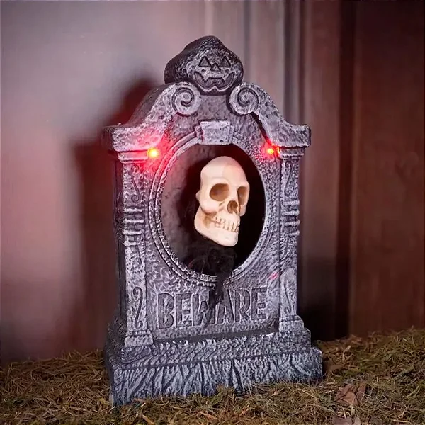 Decoração Halloween Túmulo Lápide Animatrônica “Beware” com Caveira – Luz, Som e Movimento