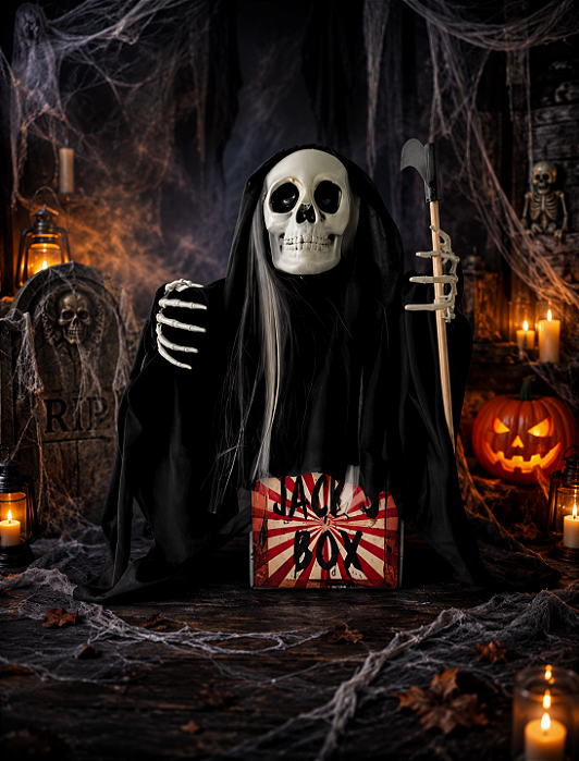 Assombração Animada Esqueleto na Caixa Halloween com Luz e Movimento – 44cm