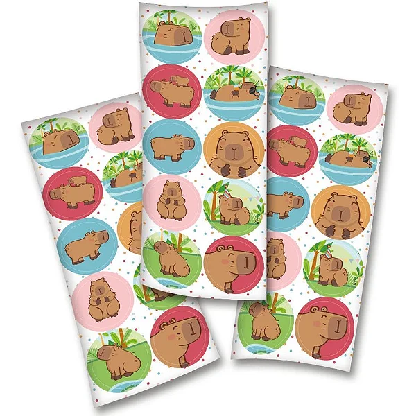 Adesivo Decorativo Redondo Capivara - 3 Cartelas Com 10 Adesivos Cada (30 Unidades)