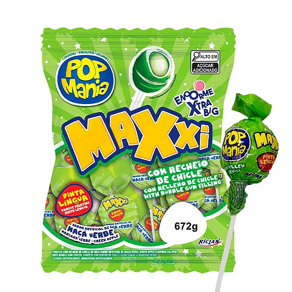 Pirulito Pop Mania Maxxi Maçã Verde Riclan 672g – Pacote com 24 Unidades