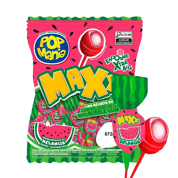Pirulito Pop Mania Maxxi Melância Riclan 672g – Pacote com 24 Unidades