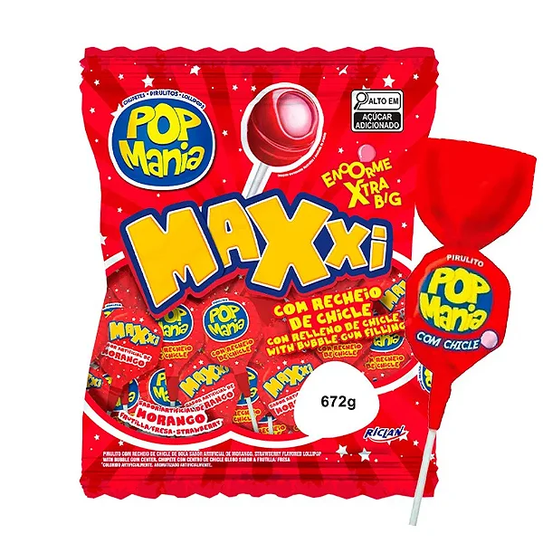 Pirulito Pop Mania Maxxi Morango Riclan 672g – Pacote com 24 Unidades
